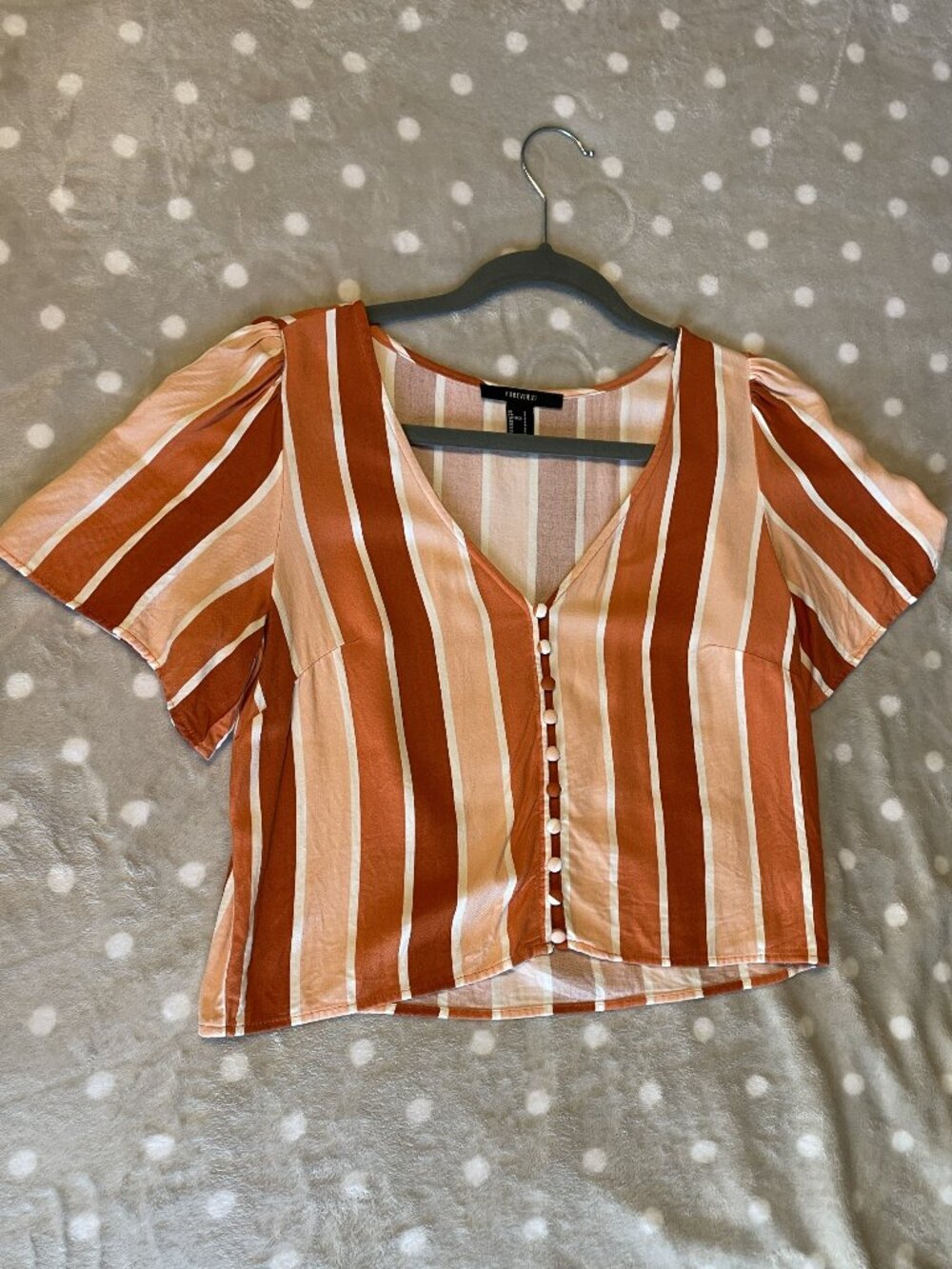Forever 21 Stripped Orange V-neck Button Down Blouse